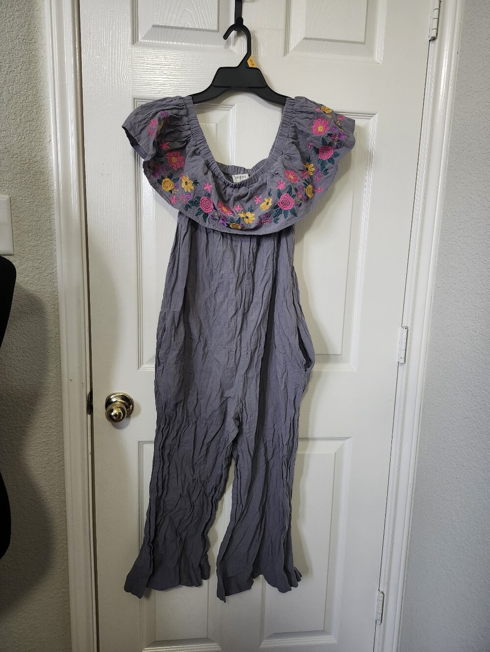 Umgee Gray Off-Shoulder Embroidered Jumpsuit with Floral Trim